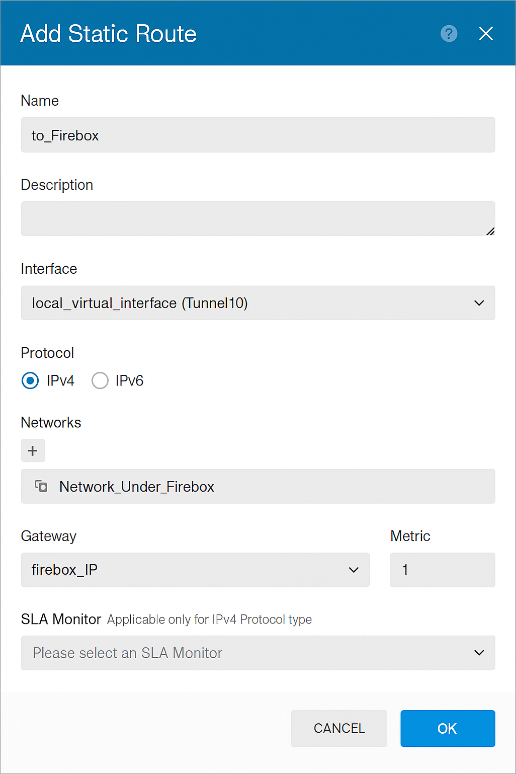 Screenshot of the Add Static Route page 